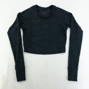 FLEO Athletic Crop Top Womens Small Black Camo Long Sleeve Thumbhole Jacquard